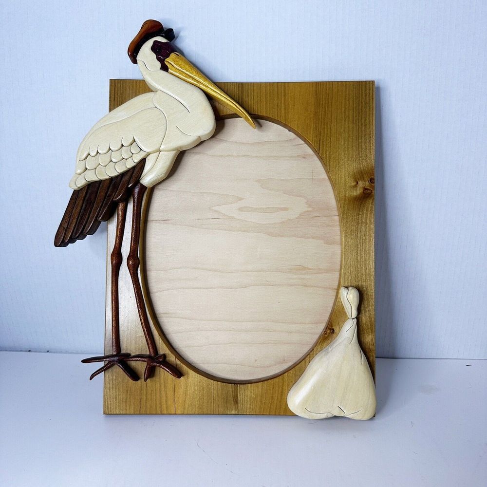 Stork Baby Wooden Art Frame‎ Signed Unique 13x11